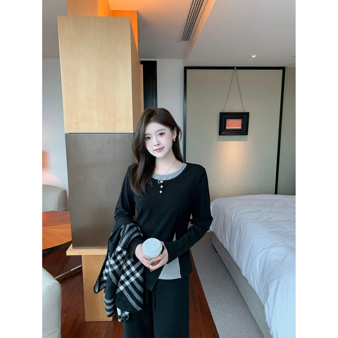 现货大婉酱微胖定制假两件设计长袖T恤新款百搭显瘦打底上衣7532D