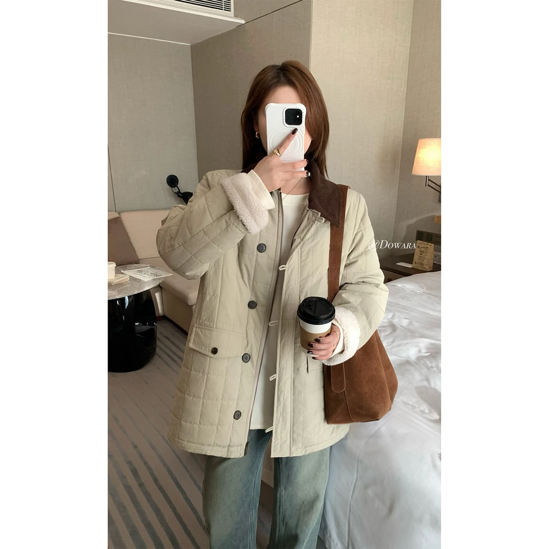 大婉酱微胖定制 撞色翻领棉服冬季新款宽松菱格夹棉保暖外套5841D