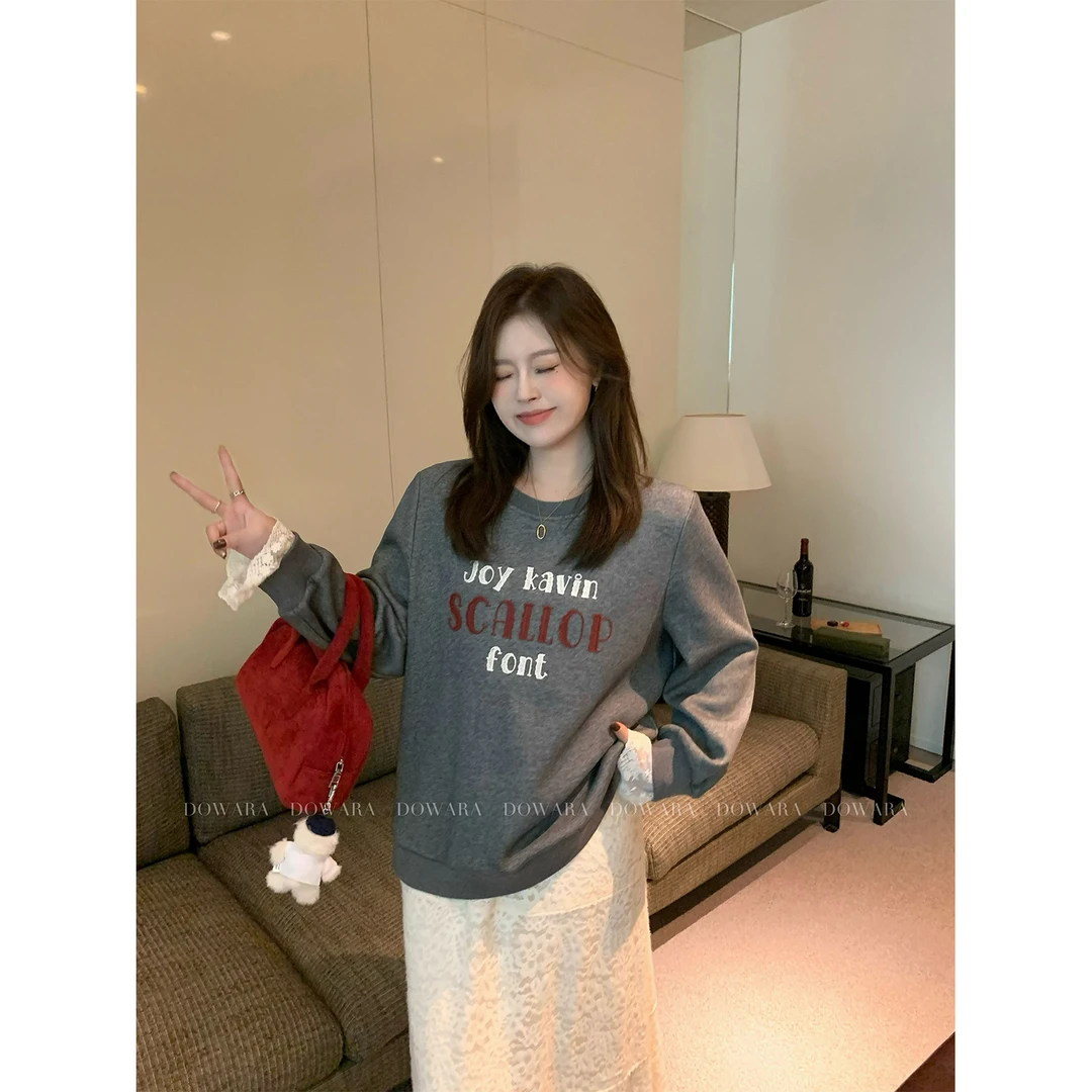 现货大婉酱微胖定制字母韩版蕾丝圆领卫衣复古加厚保暖上衣 7712D