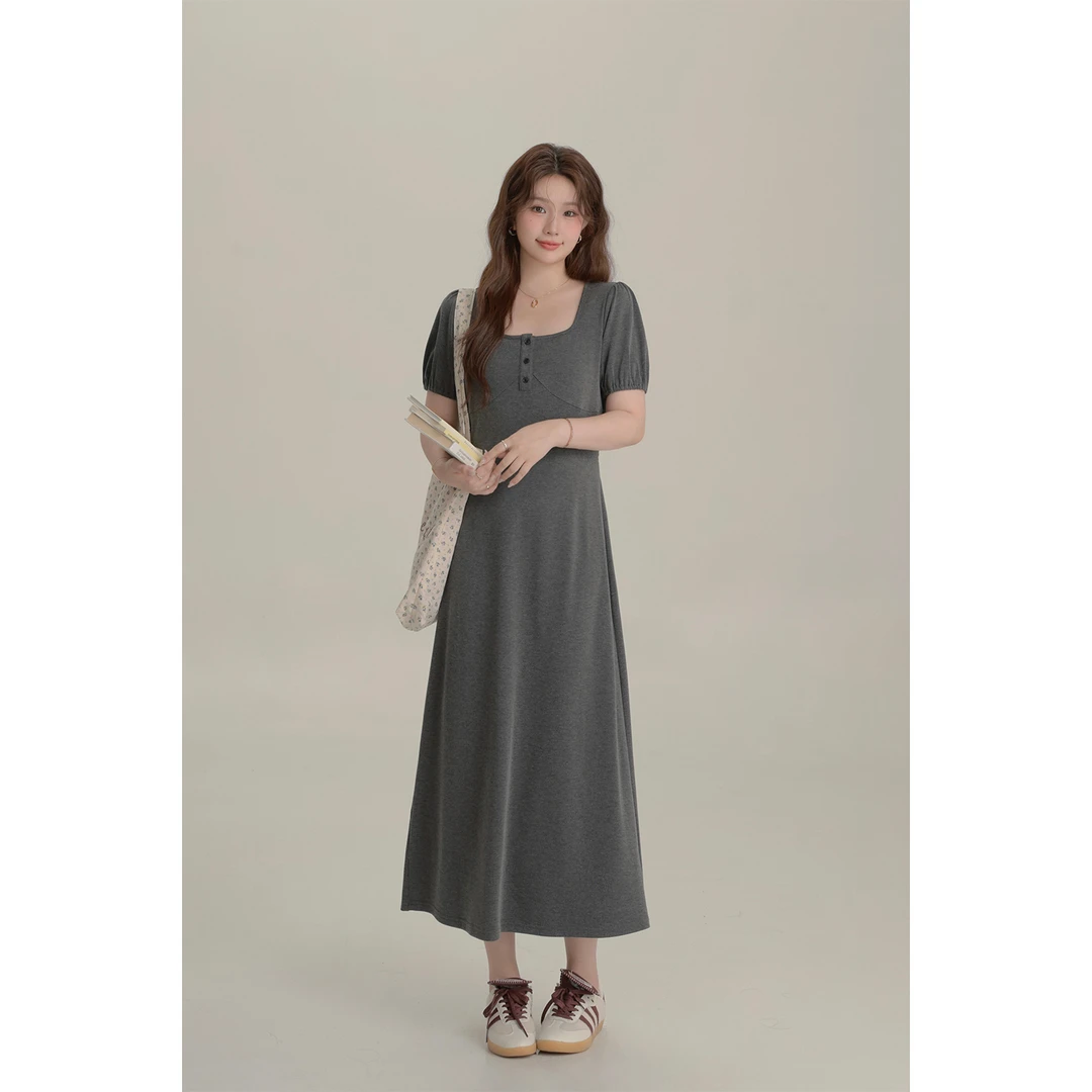 大婉酱微胖定制韩系休闲灰色连衣裙女夏季新款遮肉显瘦A字裙5061D