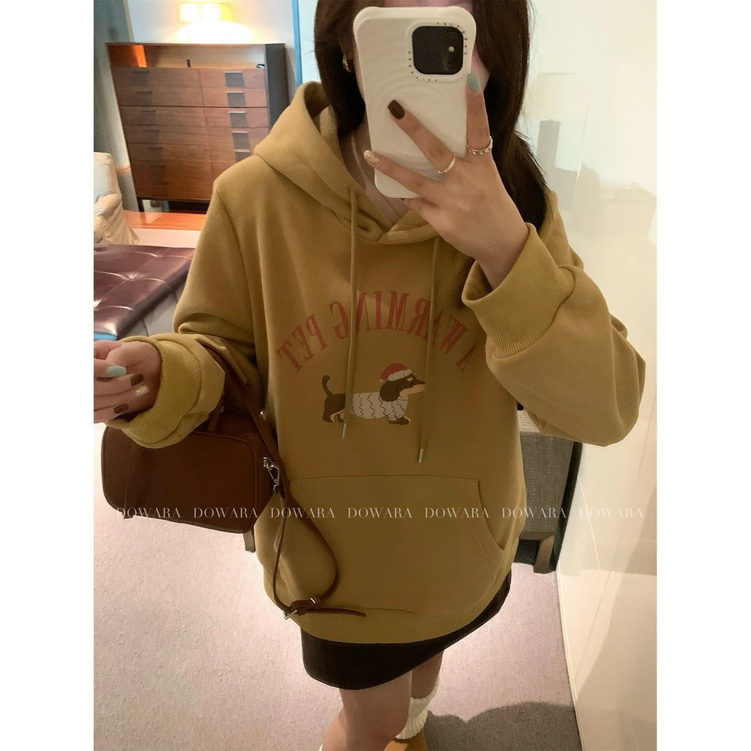 现货大婉酱微胖定制 韩系设计感腊肠狗连帽卫衣加绒加厚上衣6448D