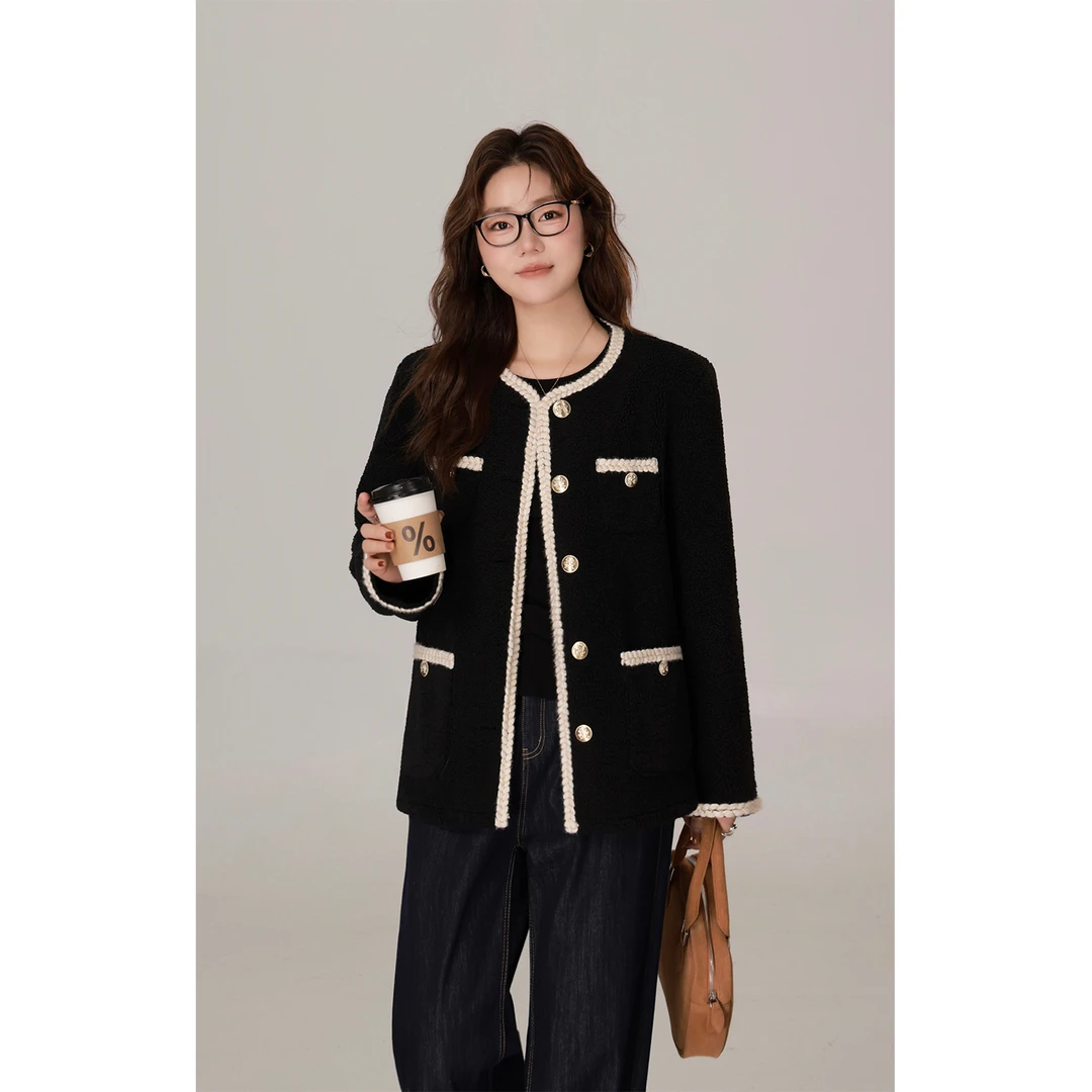 现货大婉酱微胖定制 黑色小香风毛毛外套显瘦高级感撞色上衣7350D