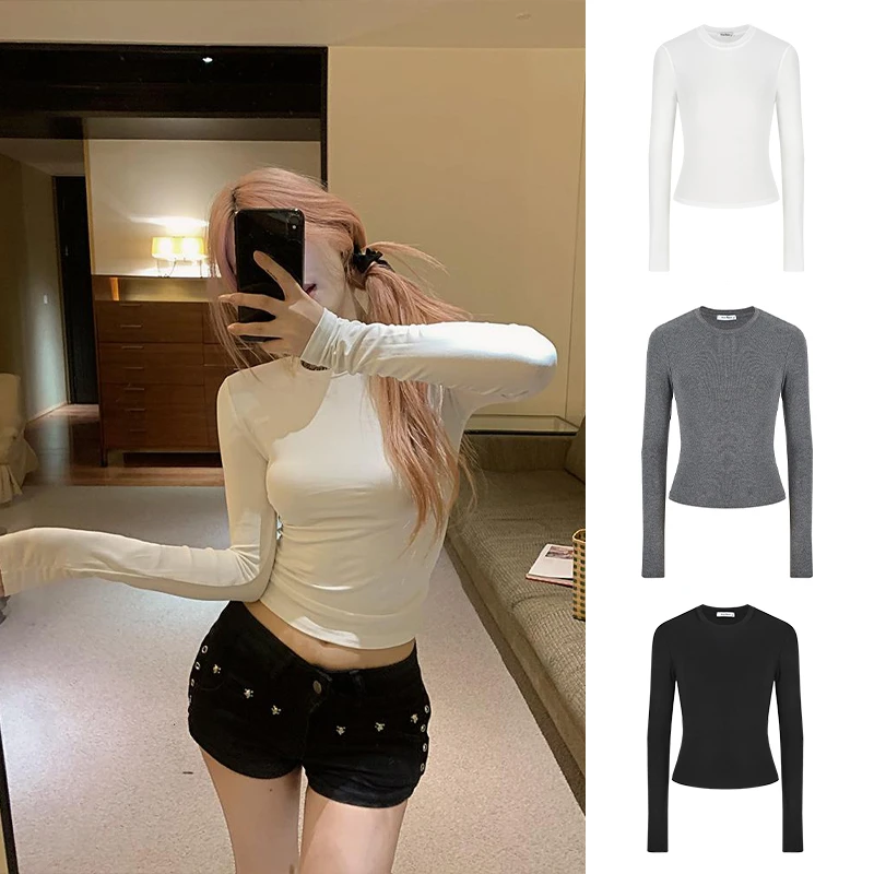 Moses Queen掐腰正肩t恤女修身打底衫高能感长袖早秋内搭单穿上衣