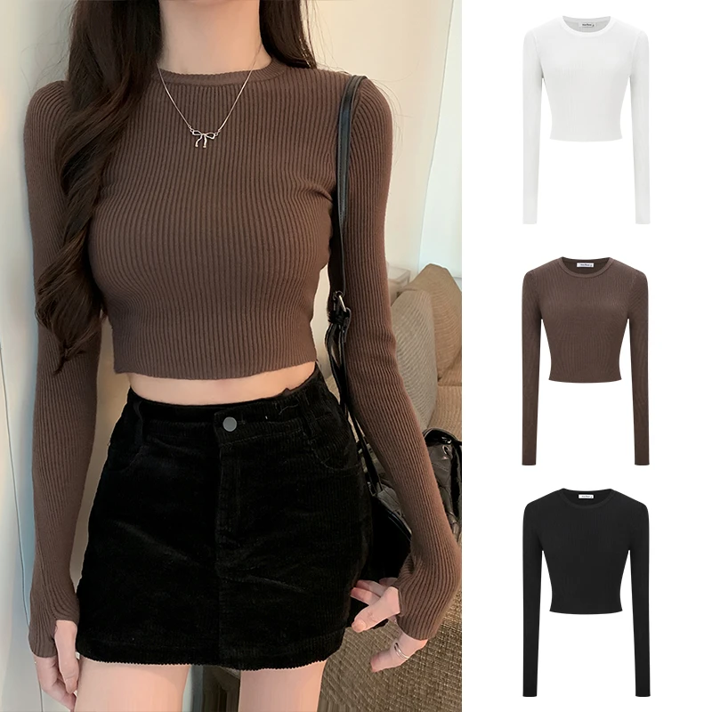 Moses Queen棕色短款针织衫女高腰打底衫长袖内搭圆领套头毛衣