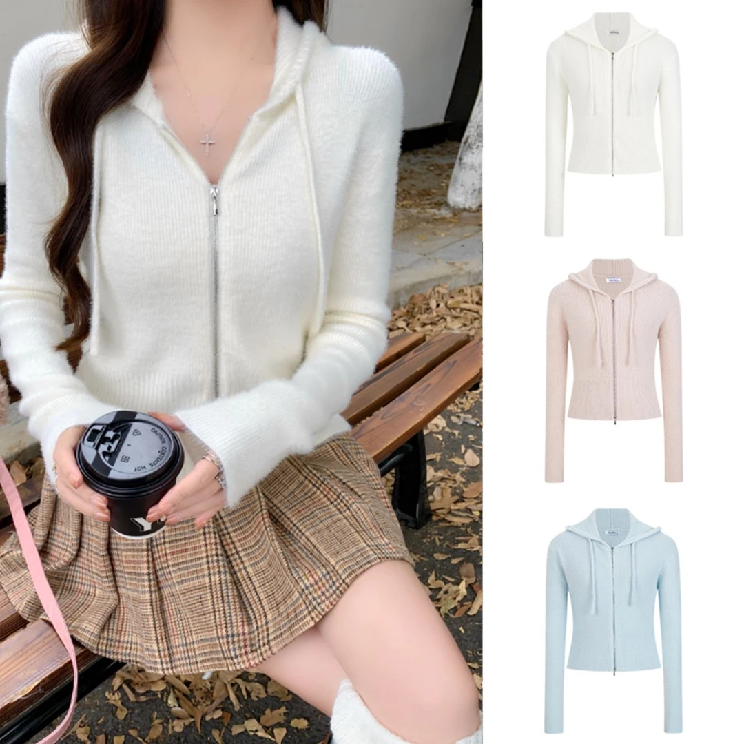 Moses Queen/魔西女王仿貂绒毛衣温柔风针织开衫女短款连帽外套