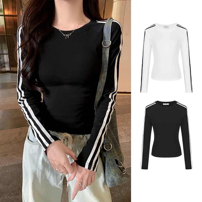 Moses Queen/魔西女王正肩收腰T恤女三条杠长袖修身百搭打底衫