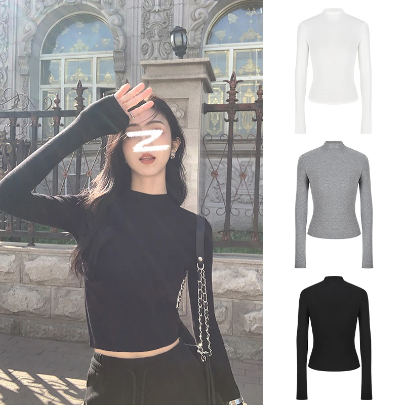 Moses Queen/魔西女王黑色收腰T恤小立领长袖短款上衣高腰打底衫
