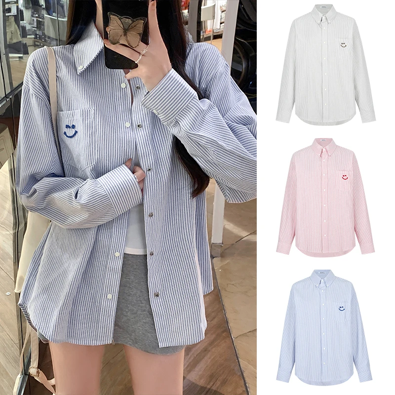 文艺范情侣款衬衫笑脸刺绣衬衣女春秋宽松外套百搭上衣开衫#62224