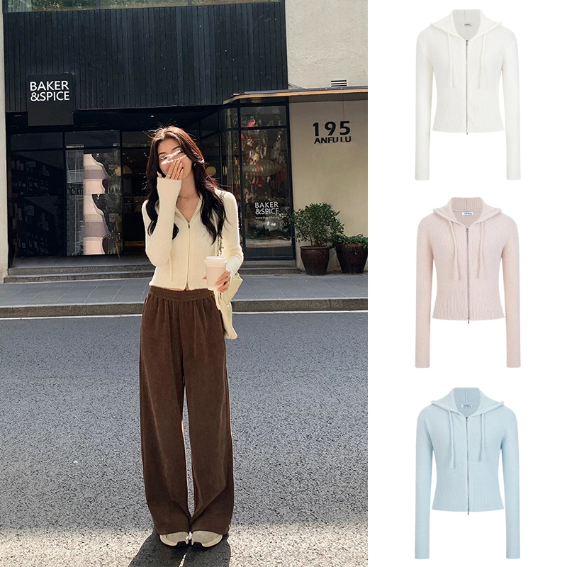 Moses Queen/魔西女王秋冬松弛感仿貂绒针织开衫女保暖连帽外套