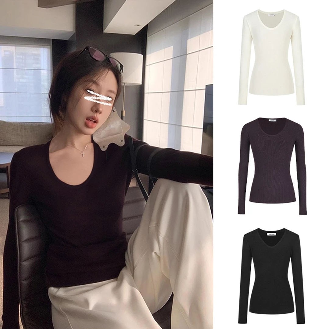 Moses Queen/魔西女王U领针织打底衫女秋冬内搭长袖收腰套头毛衣