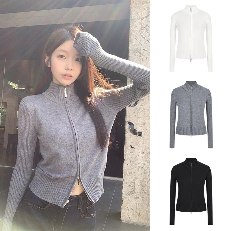 Moses Queen/魔西女王立领针织开衫双拉链长袖宽松短款气质上衣