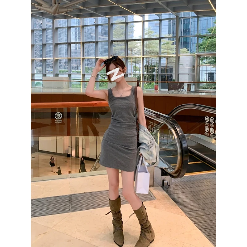 Moses Queen/魔西女王灰色褶皱短裙方领辣妹包臀裙收腰背心连衣裙