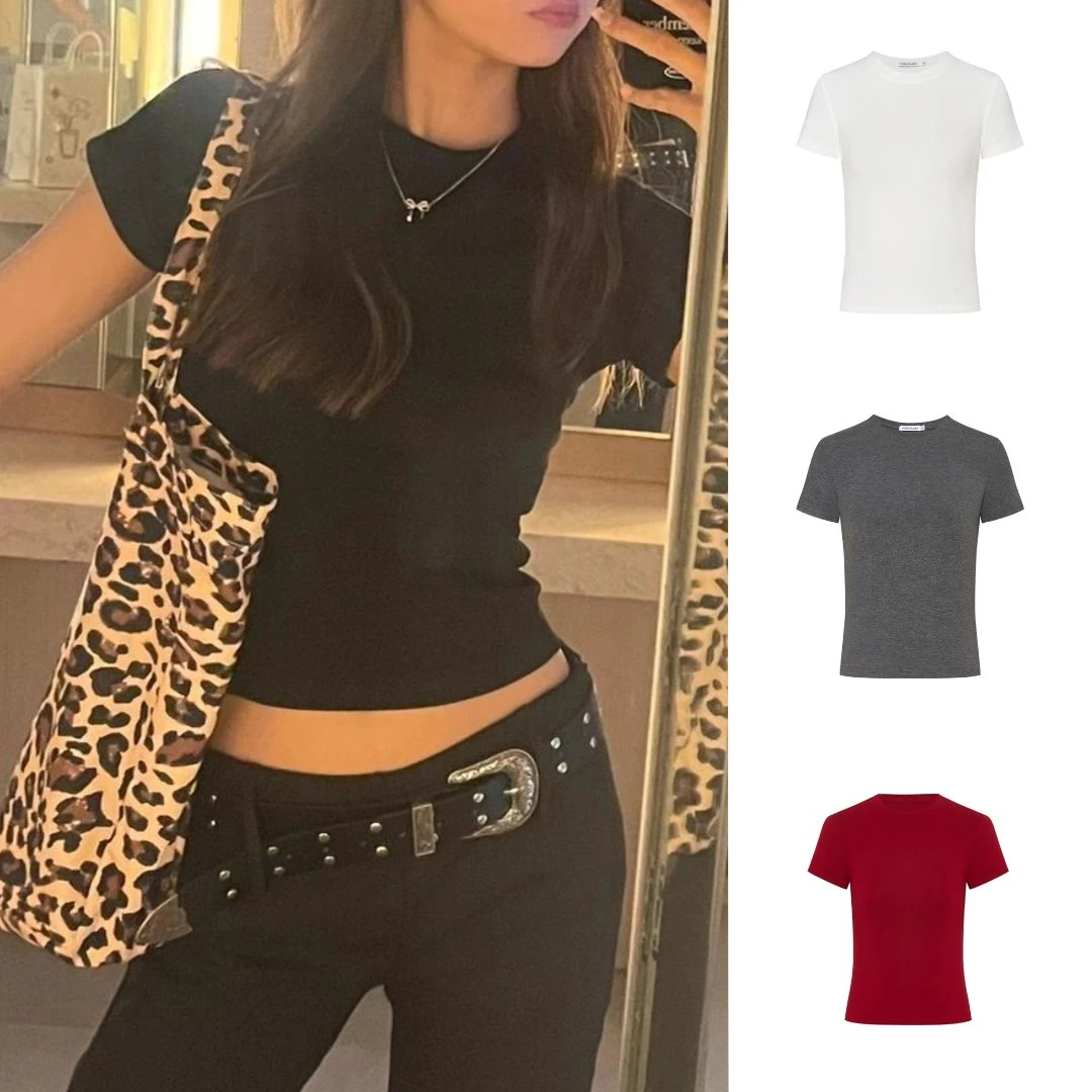 Moses Queen/魔西女王 收腰正肩t恤黑色短袖女修身辣妹短款打底衫