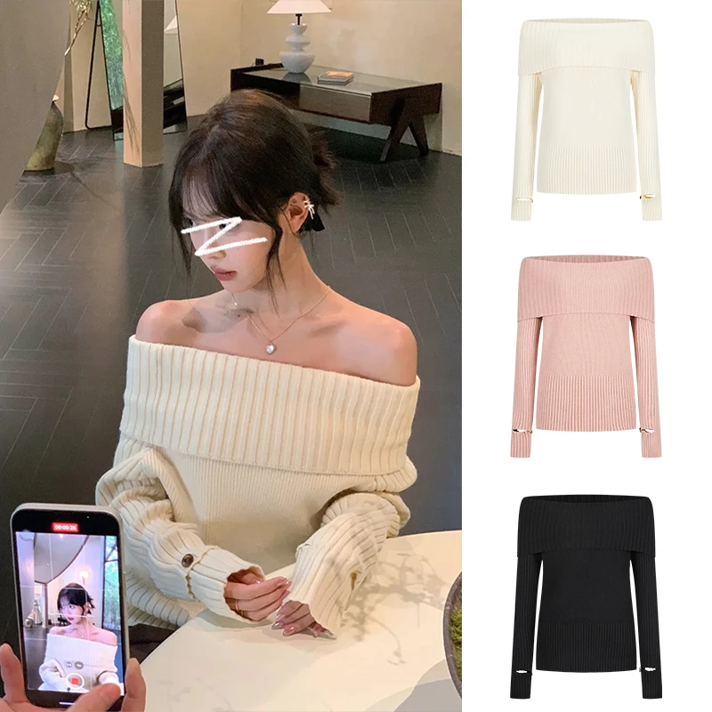 Moses Queen/魔西女王甜辣妹一字肩毛衣宽松加厚露肩针织衫上衣