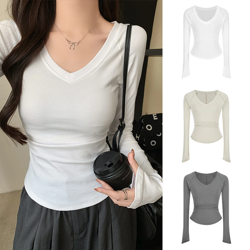 Moses Queen/魔西女王秋冬款V领长袖T恤女修身显瘦内搭打底衫上衣