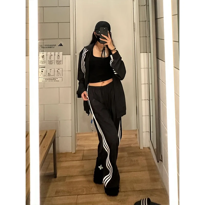Moses Queen 三条杠黑色运动风休闲上衣美式宽松立领外套阔腿长裤