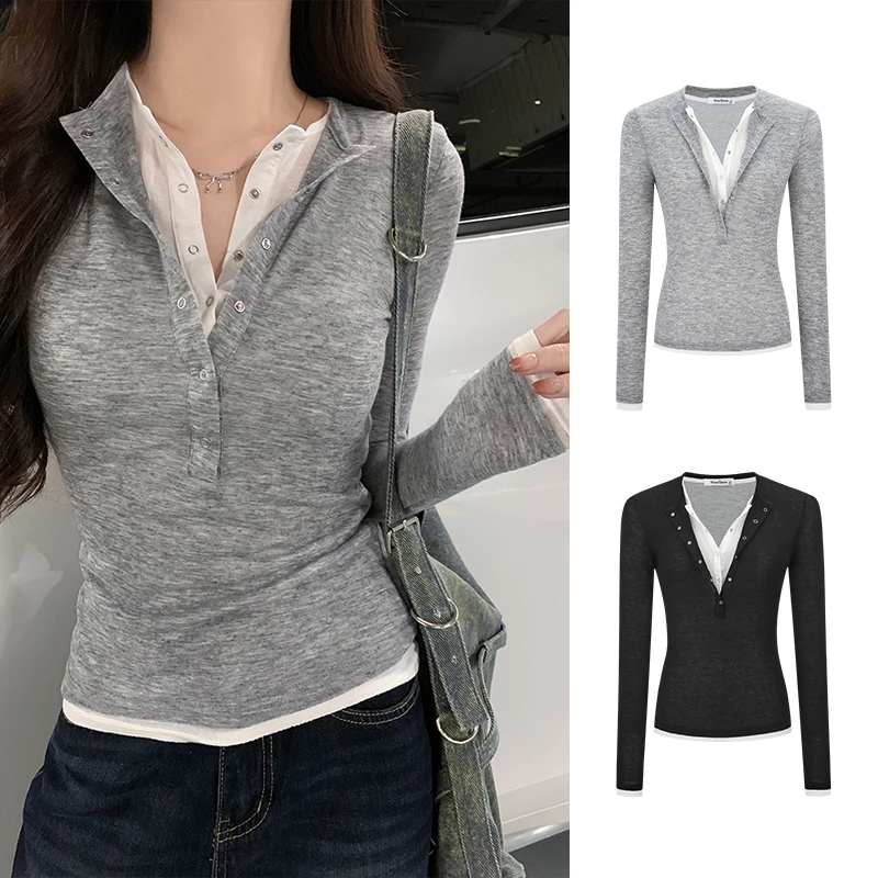 Moses Queen韩系假两件半开襟长袖T恤女秋季新款休闲上衣打底衫