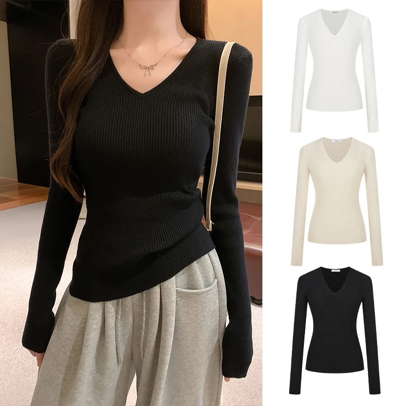 Moses Queen/魔西女王纯欲ins辣妹V领长袖针织衫修身百搭长袖上衣