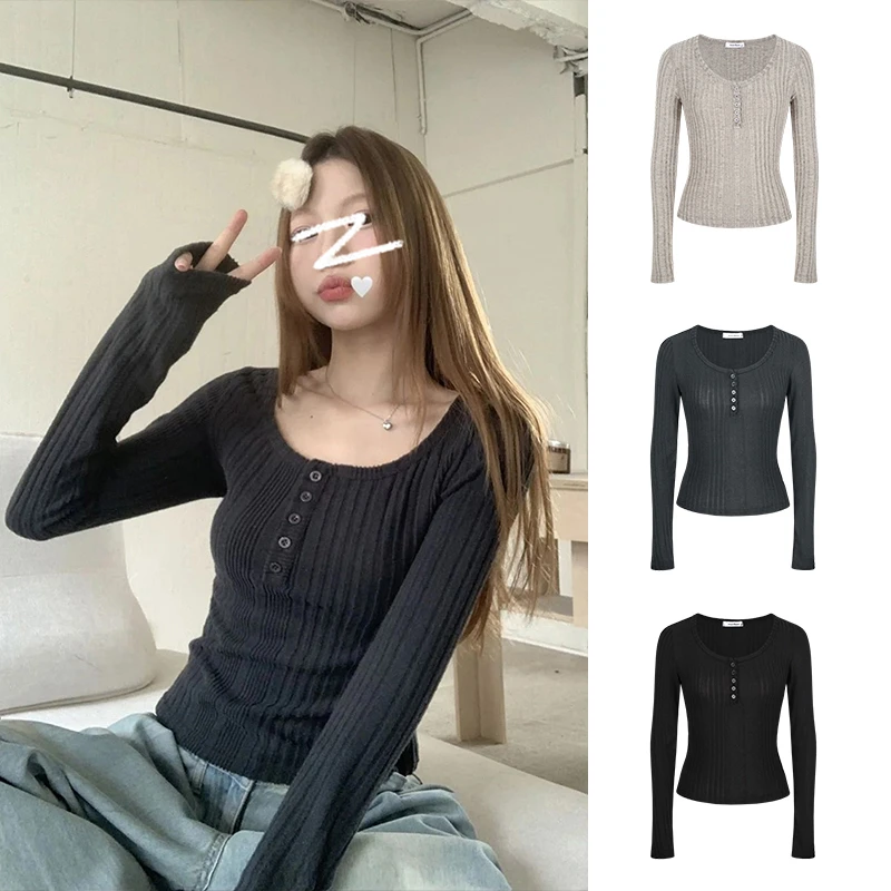 Moses Queen/魔西女王高级感半开领长袖T恤女秋冬辣妹内搭打底衫