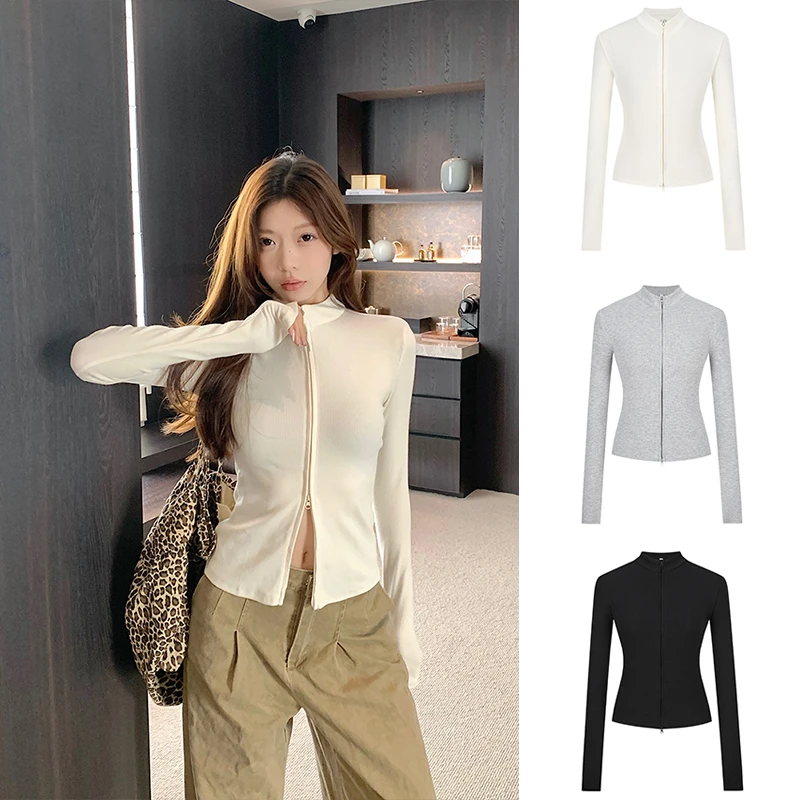 Moses Queen/魔西女王美式辣妹双拉链外套女立领修身掐腰开衫上衣