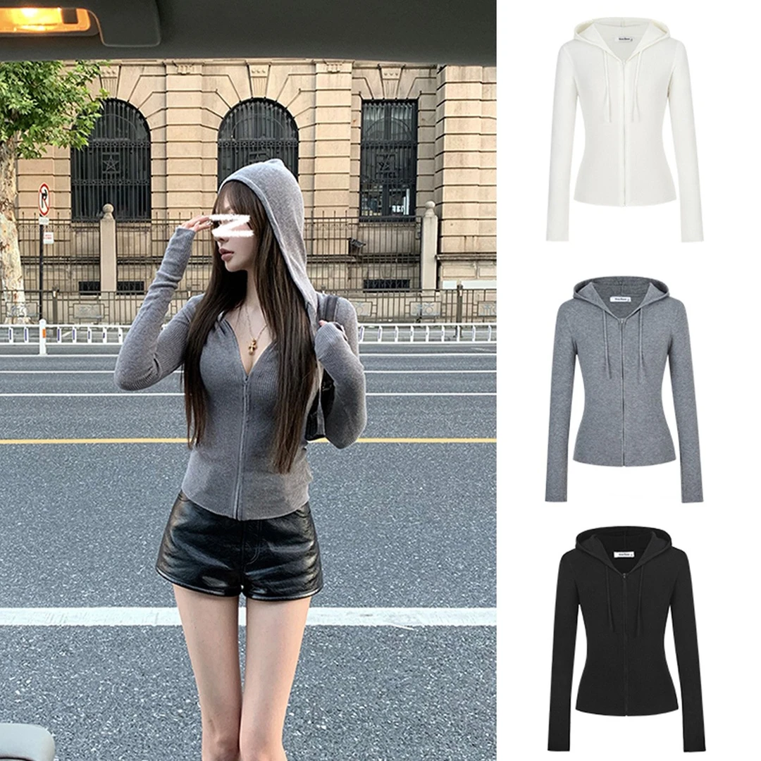 Moses Queen/魔西女王辣妹ins风针织连帽开衫早秋掐腰上衣短外套