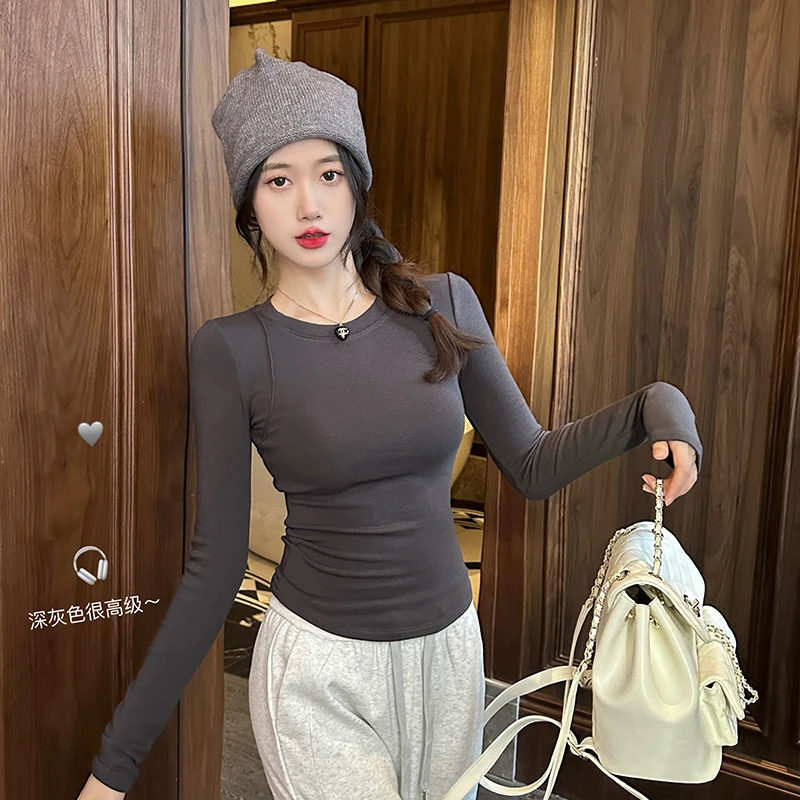 辣妹显瘦德绒双面磨毛T恤加厚白色不透秋冬保暖修身长袖打底衫ins