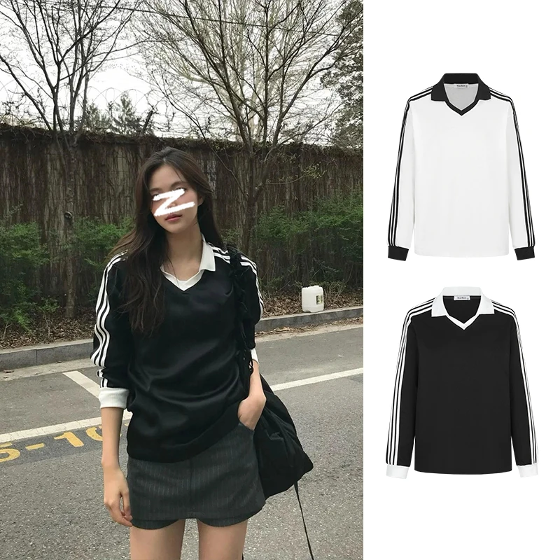 Moses Queen/魔西女王polo领卫衣女v领三条杠上衣秋季正肩长袖t恤