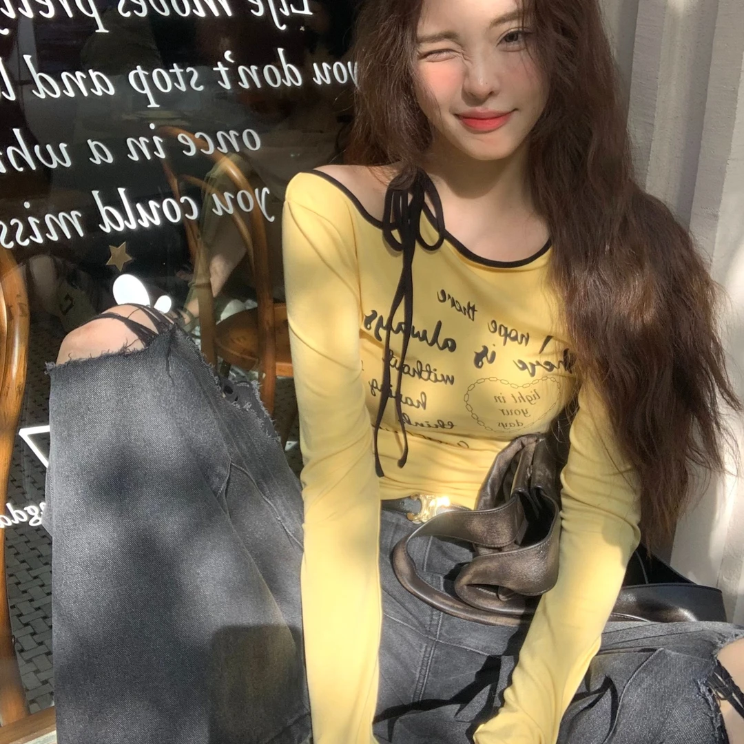 itsokies 美式复古简约时髦字母印花长袖t恤女秋显瘦上衣