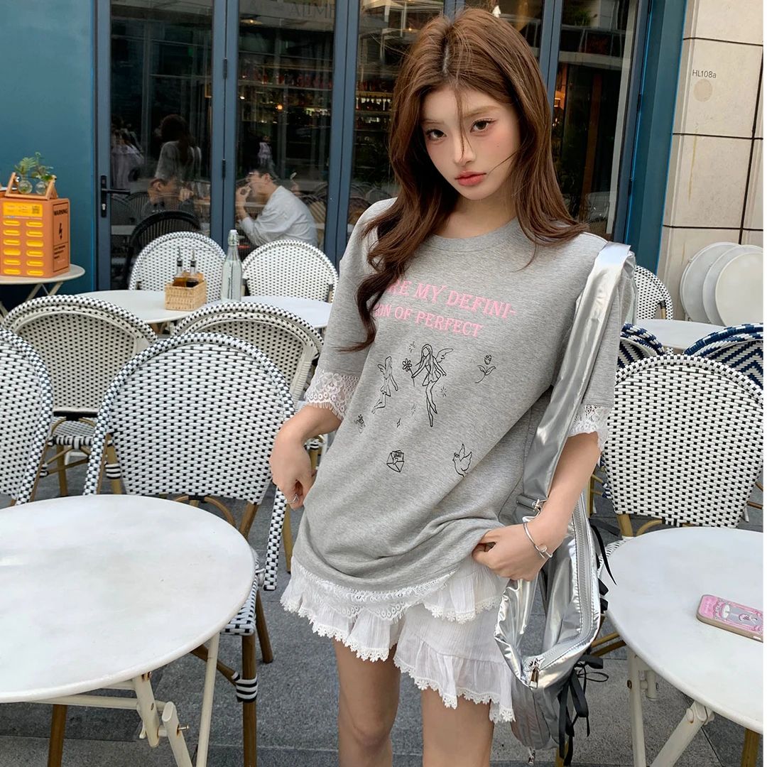 Itsokies花仙子字母印花宽松oversize蕾丝花边上衣女夏