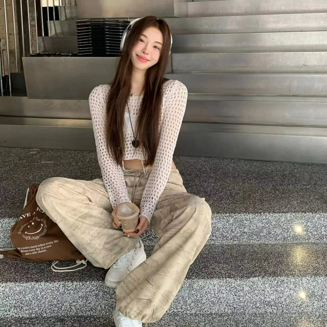 itsokies 美式复古辣妹迷彩工装裤宽松直筒垂感休闲阔腿裤