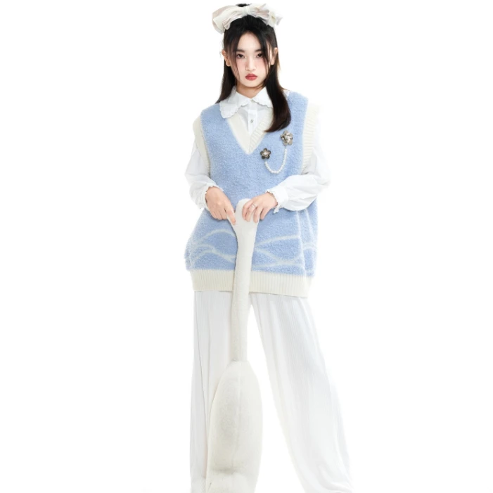 Itsokies原创甜美软糯小花v领背心马甲宽松早秋套头上衣 珍珠