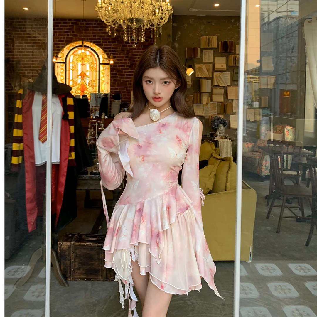 Itsokies原创蝴蝶印花网纱不规则显瘦气质裙子两件套女夏