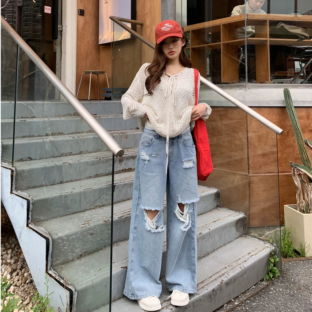 Itsokies毛边破洞蕾丝中低腰遮肉显瘦牛仔裤百搭阔腿裤女夏