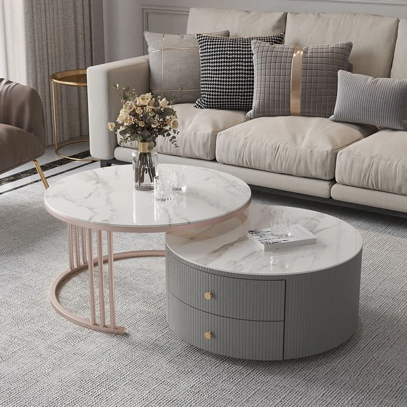 轻奢亮光岩板电视柜茶几组合简约现代小户型家用客厅大小圆茶几