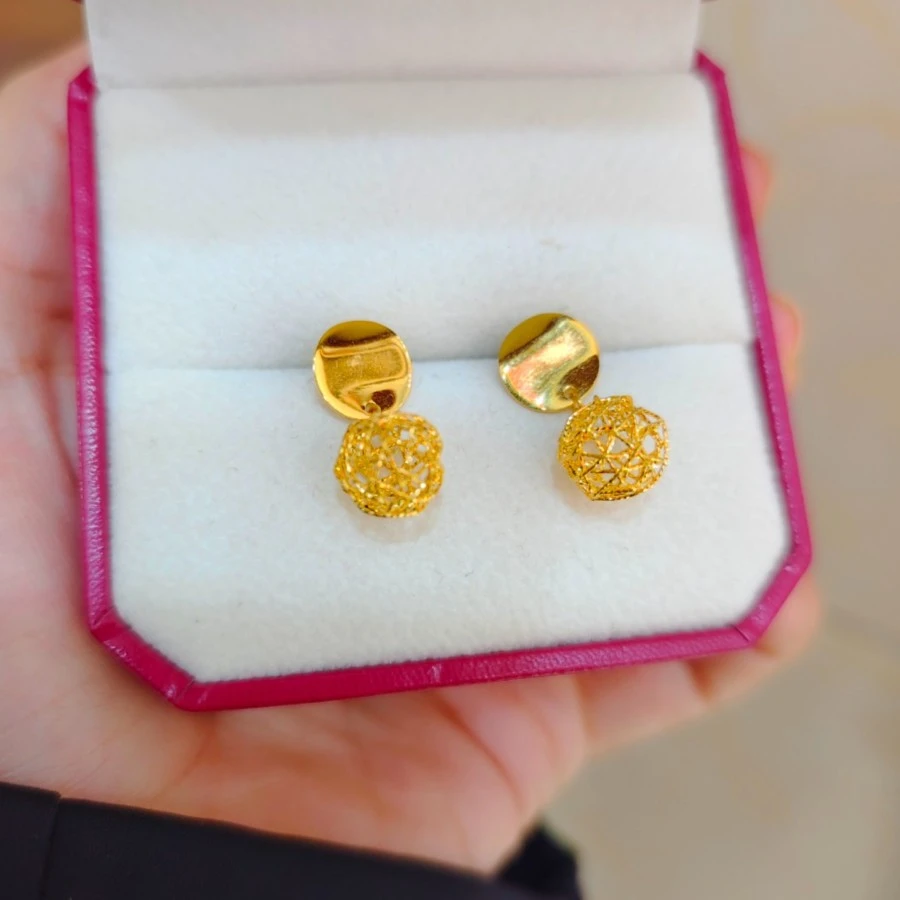 【气质】足金999黄金耳饰花丝耳圈球球圆片实心7字钩耳钉百搭简约