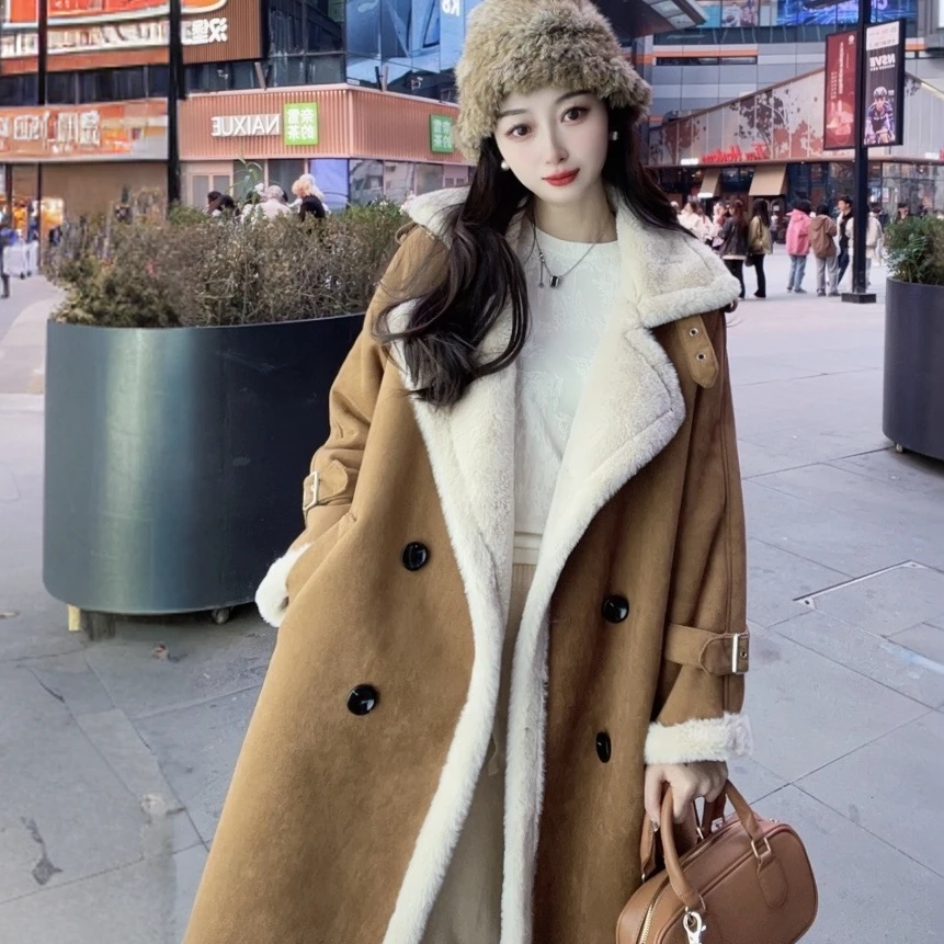 2024冬季韩版时尚气质保暖加厚毛毛外套宽松腰带洋气长款女士大衣