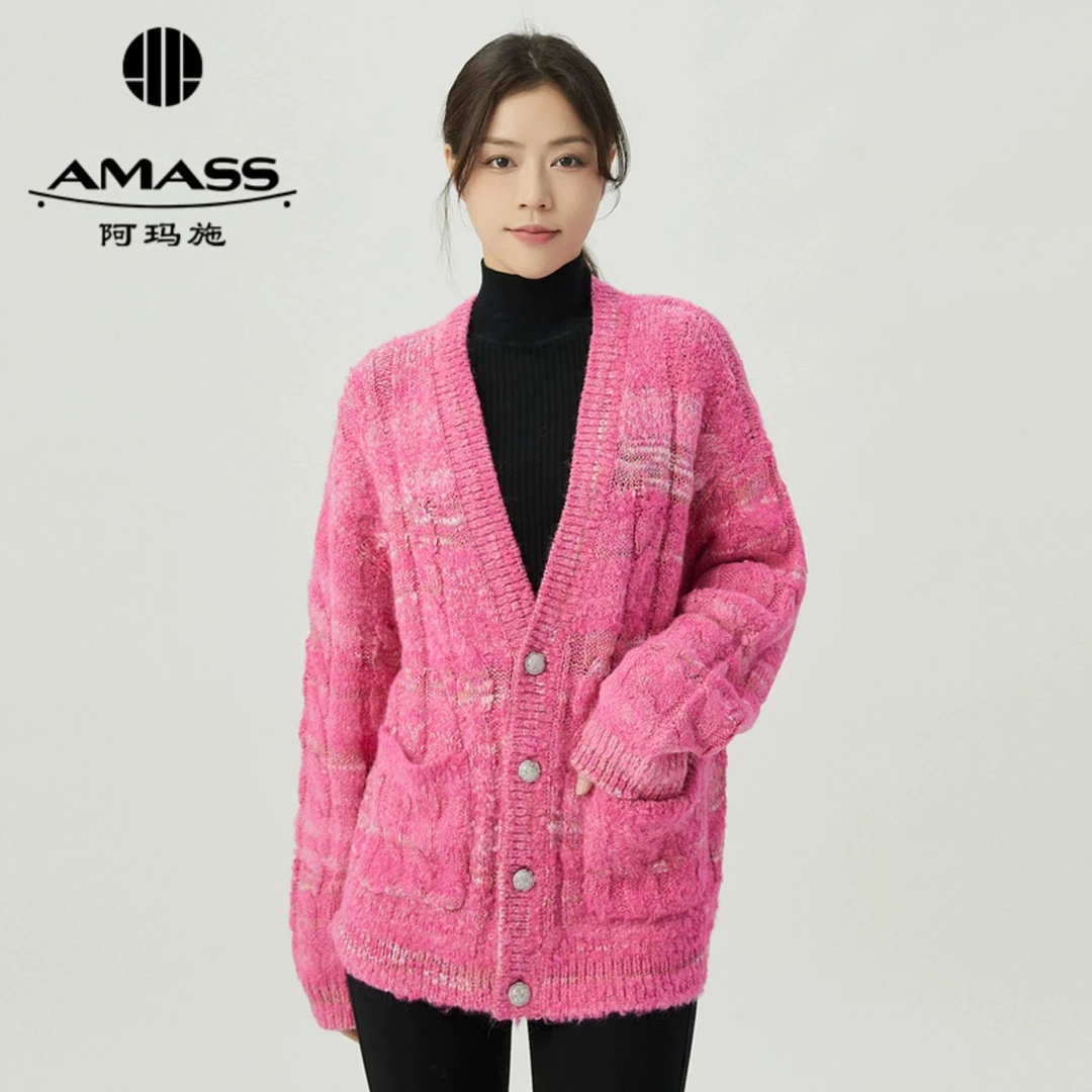 AMASS/阿玛施新款优雅气质时尚显白羊毛廓形棒针外套5499228宽松