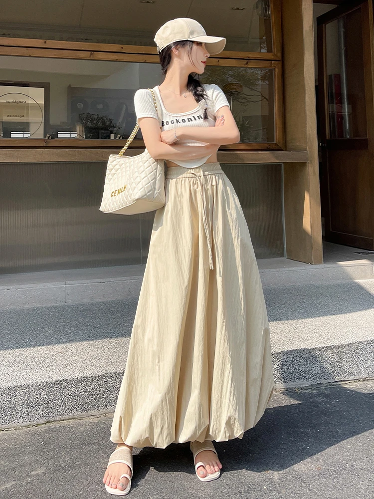 卡其遮胯双插口袋花苞半身裙小众宽松设计感中长款垂感半身裙