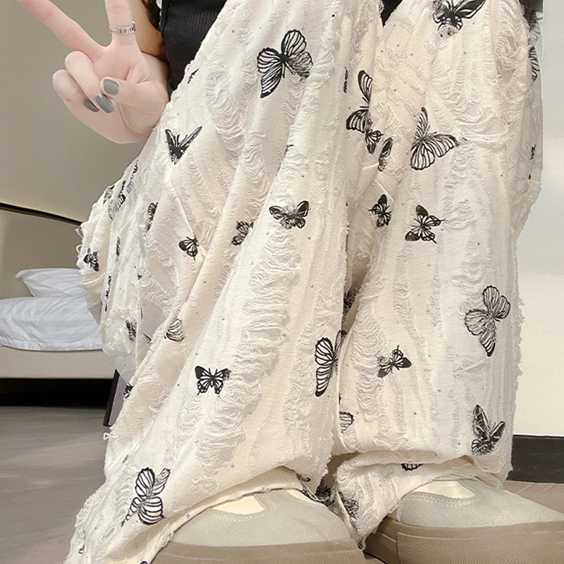 蝴蝶印花破洞冰丝阔腿裤女夏高腰慵懒垂感直筒拖地长裤烫钻甩甩裤