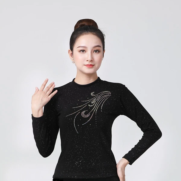 广场舞服装上衣黑色凤尾秋冬新款小高领加绒舞蹈服烫钻长袖打底衫