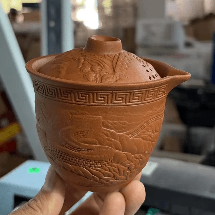 红泥浮雕一壶三杯手抓旅行茶具户外便携式茶壶-4945