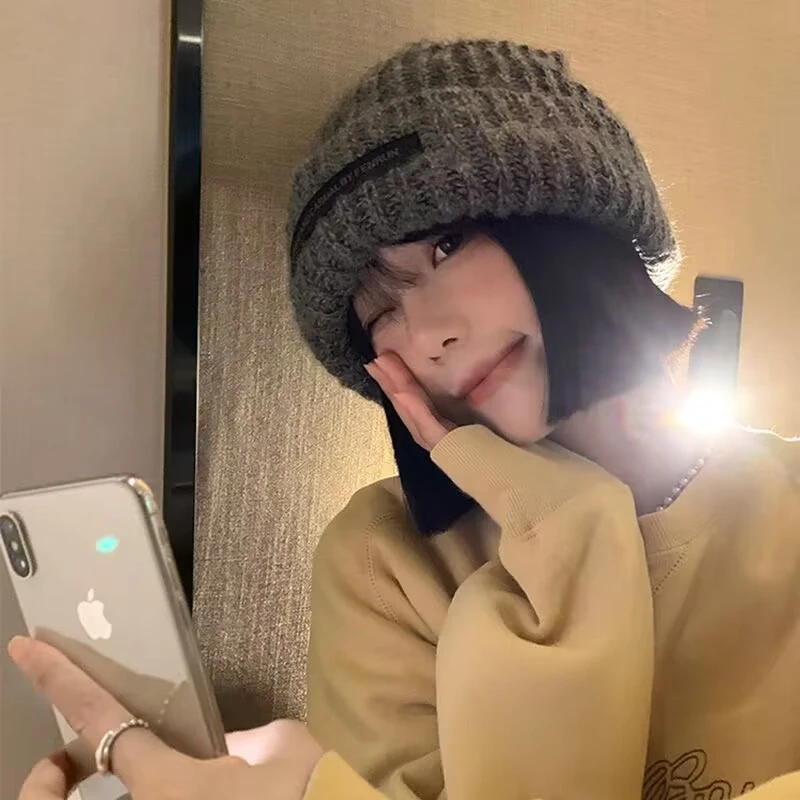 粗毛线帽女秋冬季日系大头围宽松针织帽显脸小冷帽ins潮灰色帽子
