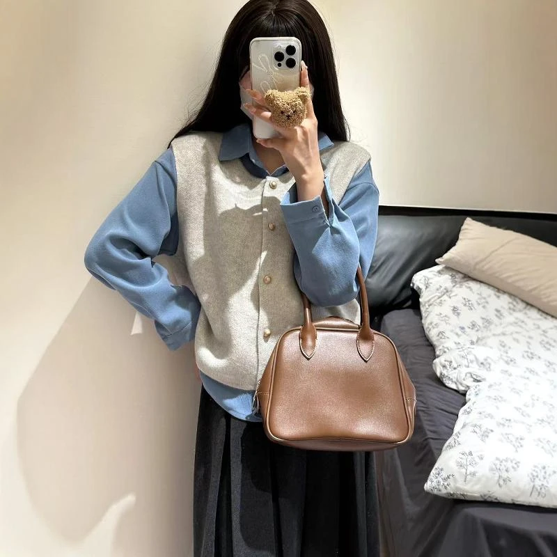 韩系高级感单排扣针织马甲叠穿翻领长袖衬衫两件套女ins秋季新款