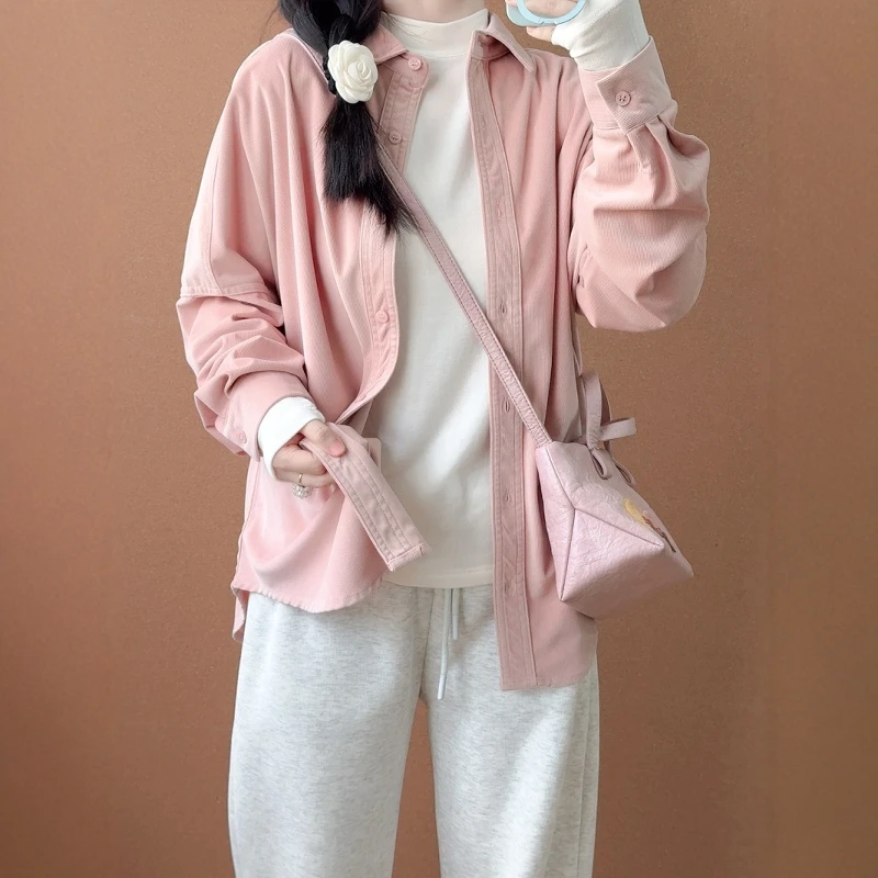 甜美温柔粉色灯芯绒衬衫女秋冬季新款宽松百搭衬衣叠穿马甲两件套