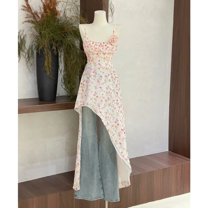 法式浪漫碎花吊带裙女春夏季ins不规则设计感收腰显瘦长裙连衣裙