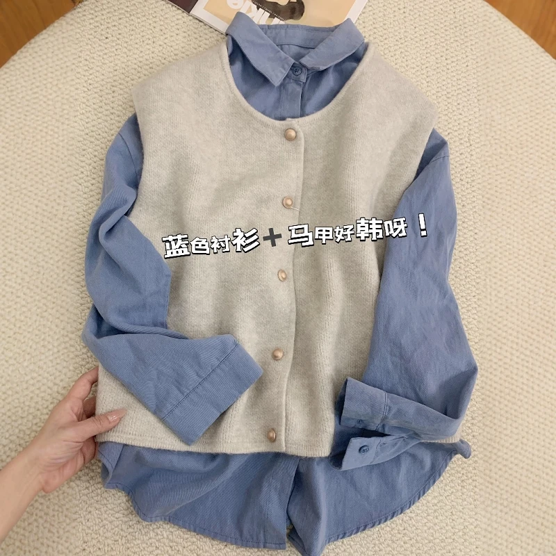 韩版时髦高级感叠穿套装女2024秋冬新款翻领长袖衬衫搭配坎肩马甲