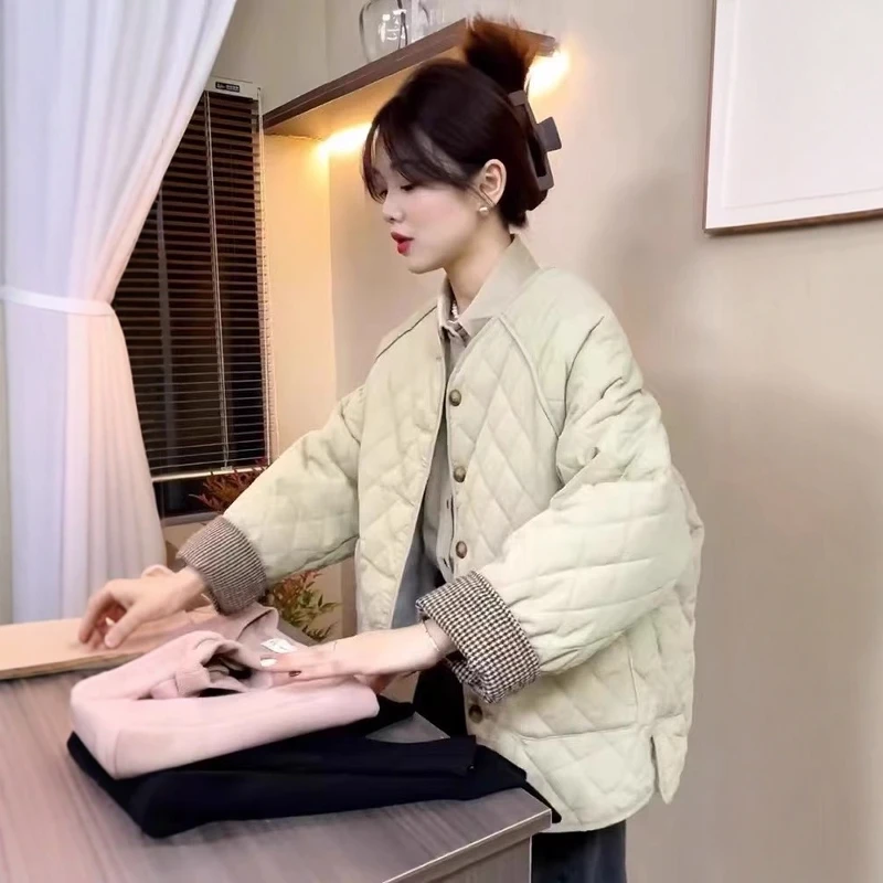 小香风菱格拼接设计感羽绒棉服女2024冬季保暖百搭面包服外套ins