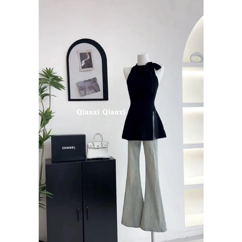 别致系带设计感冰丝针织衫女2025夏季新款修身显瘦气质 挂脖上衣