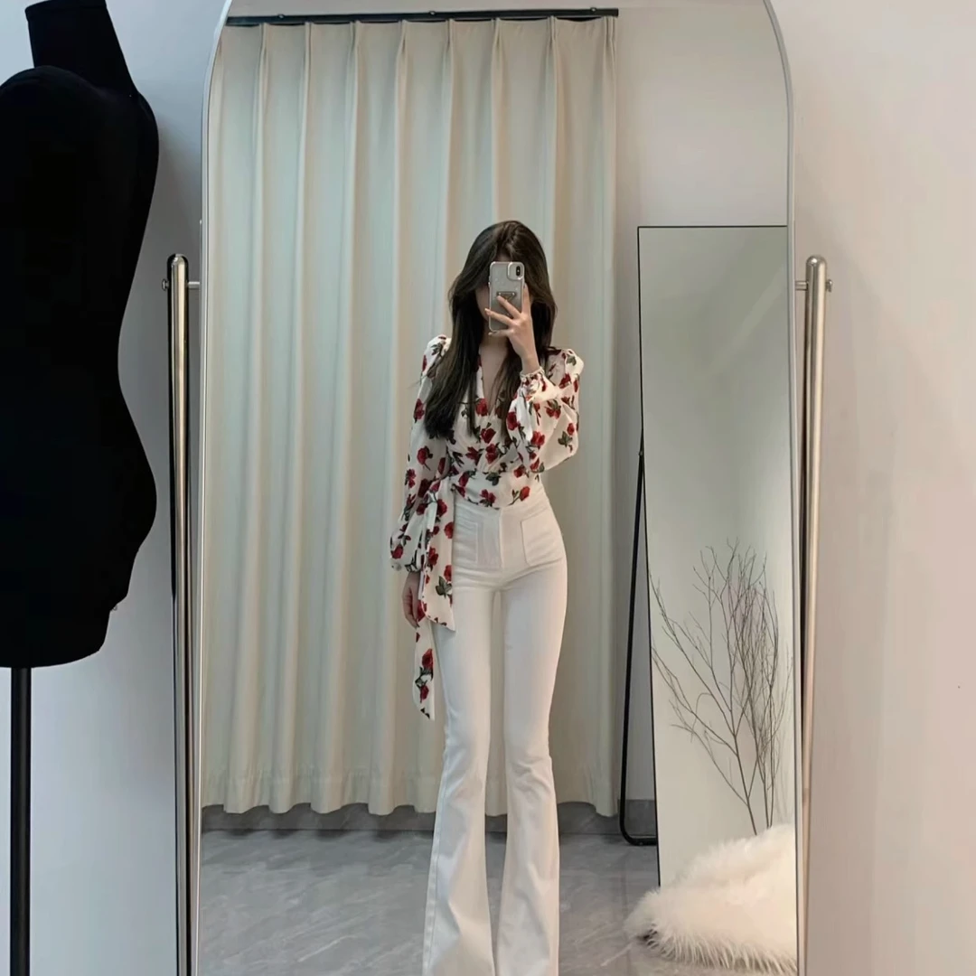 法式复古玫瑰佳人泡泡袖衬衣女春夏季V领系带设计感修身显瘦上衣