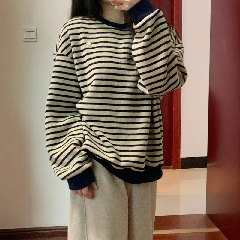 韩版慵懒风宽松百搭套头条纹卫衣女秋冬季新款高级感圆领长袖上衣